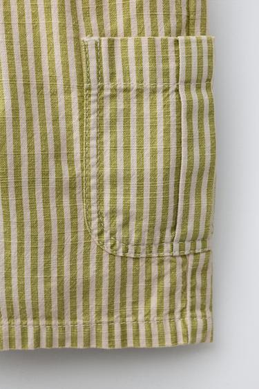 STRIPED COTTON LINEN BERMUDA SHORTS - Ecru / Green by Zara - Image 3
