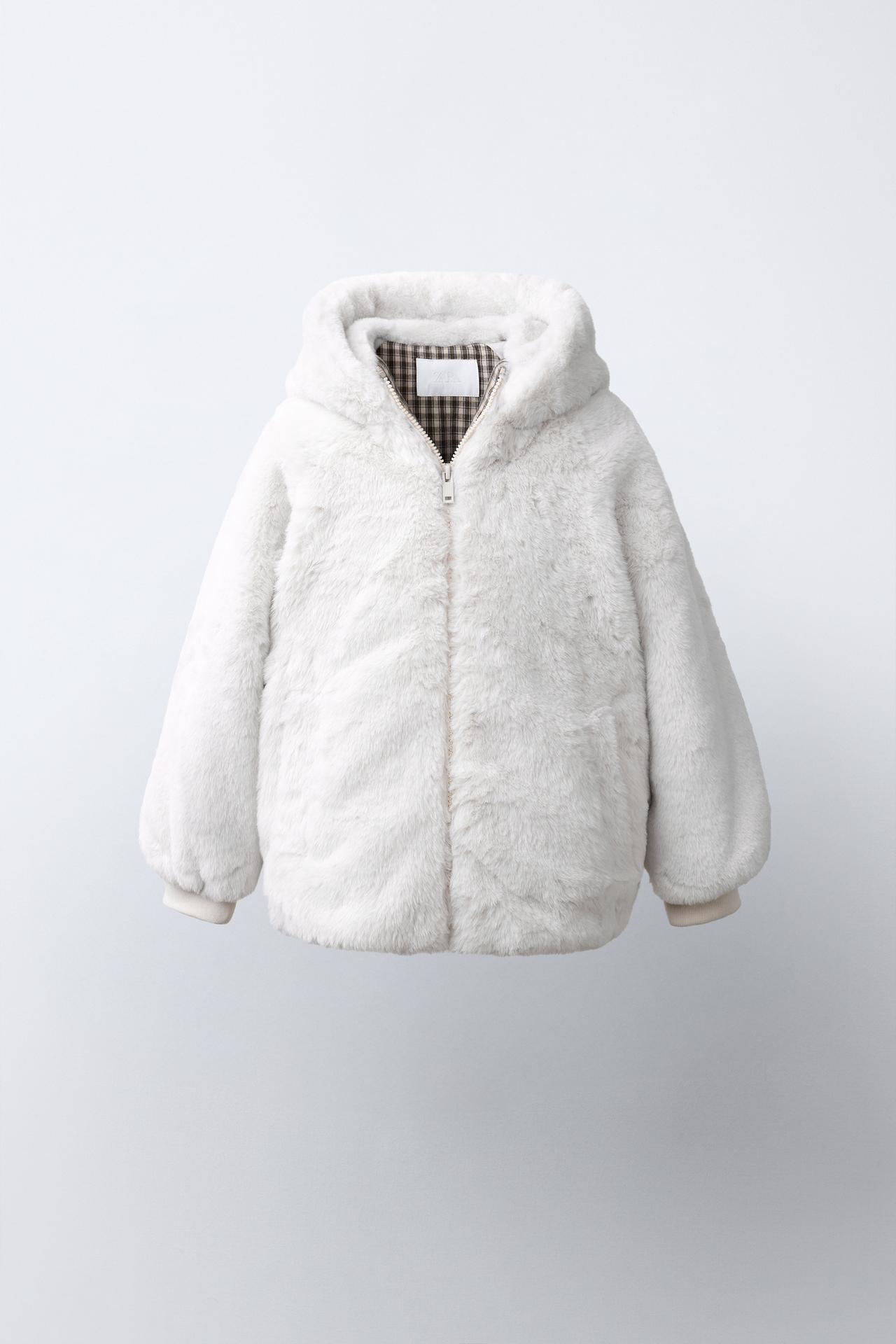 FAUX FUR HOODIE JACKET — Ecru