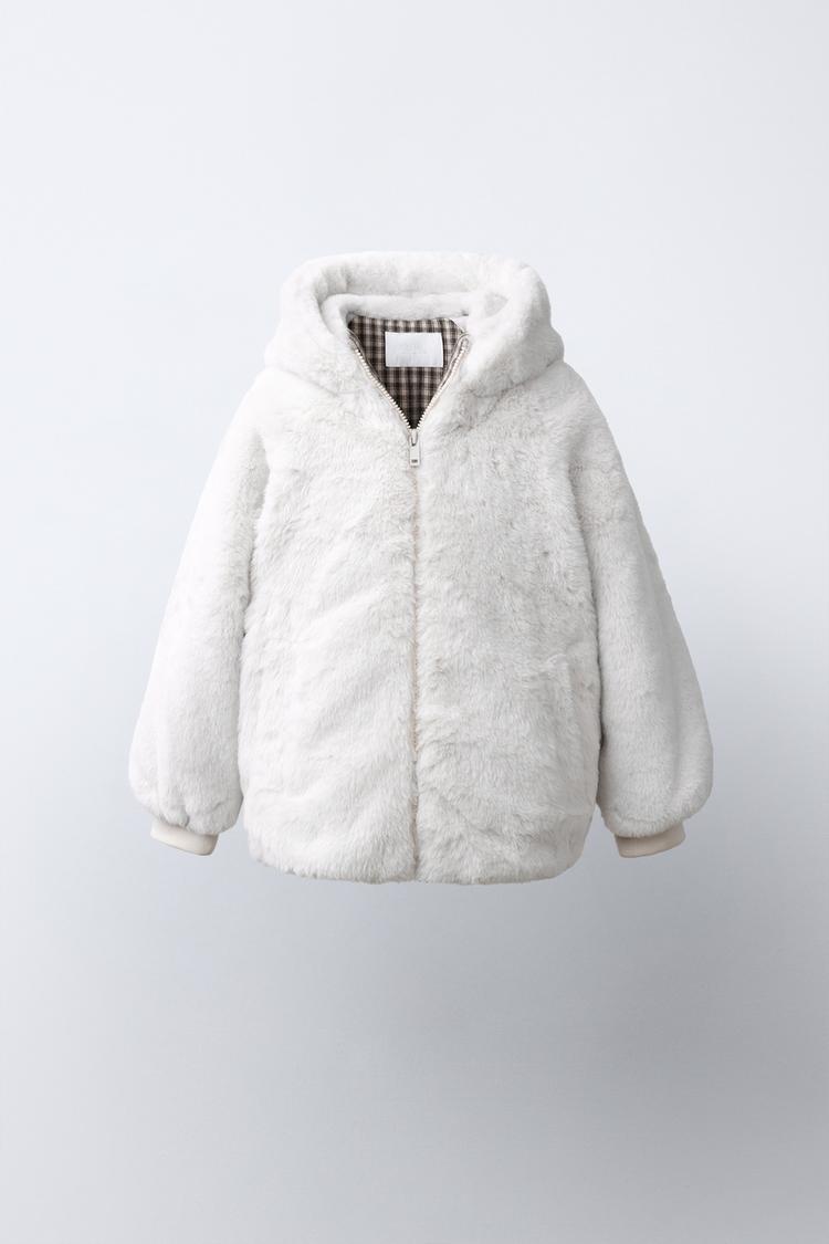 FAUX FUR HOODIE JACKET — Ecru