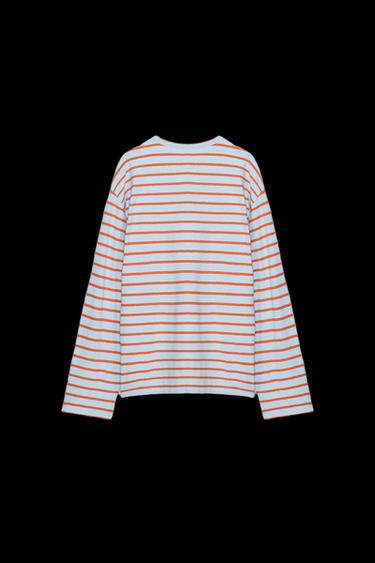 Zara STRIPED COTTON AND LINEN T-SHIRT - Pastel blue
