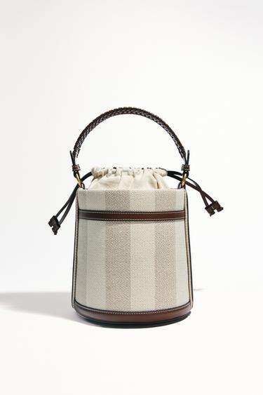 STRIPED CANVAS BUCKET BAG - Light beige by Zara