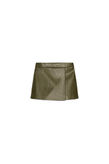 Front view of khaki wrap culottes, high-waisted, with side zip fastening.