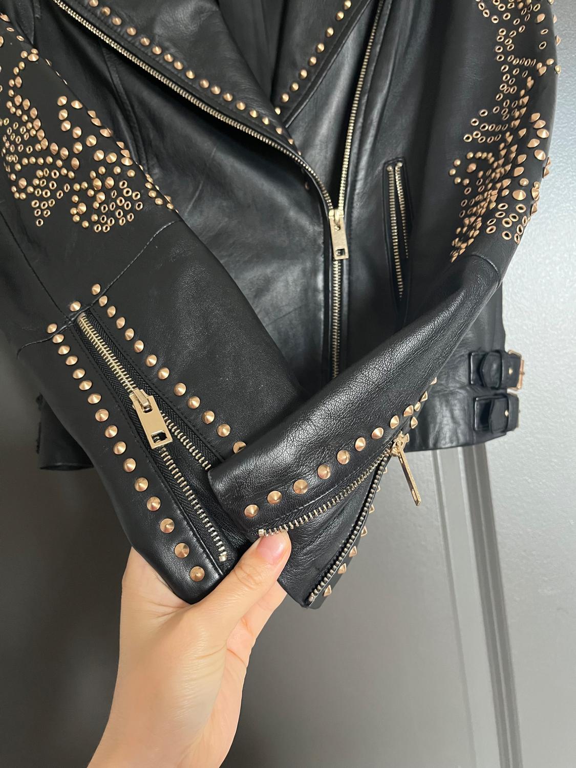 ZARA LAMBSKIN NAPA LEATHER BIKER JACKET ROCK STUD BUCKLE STRAP BLACK GOLD - Image 4