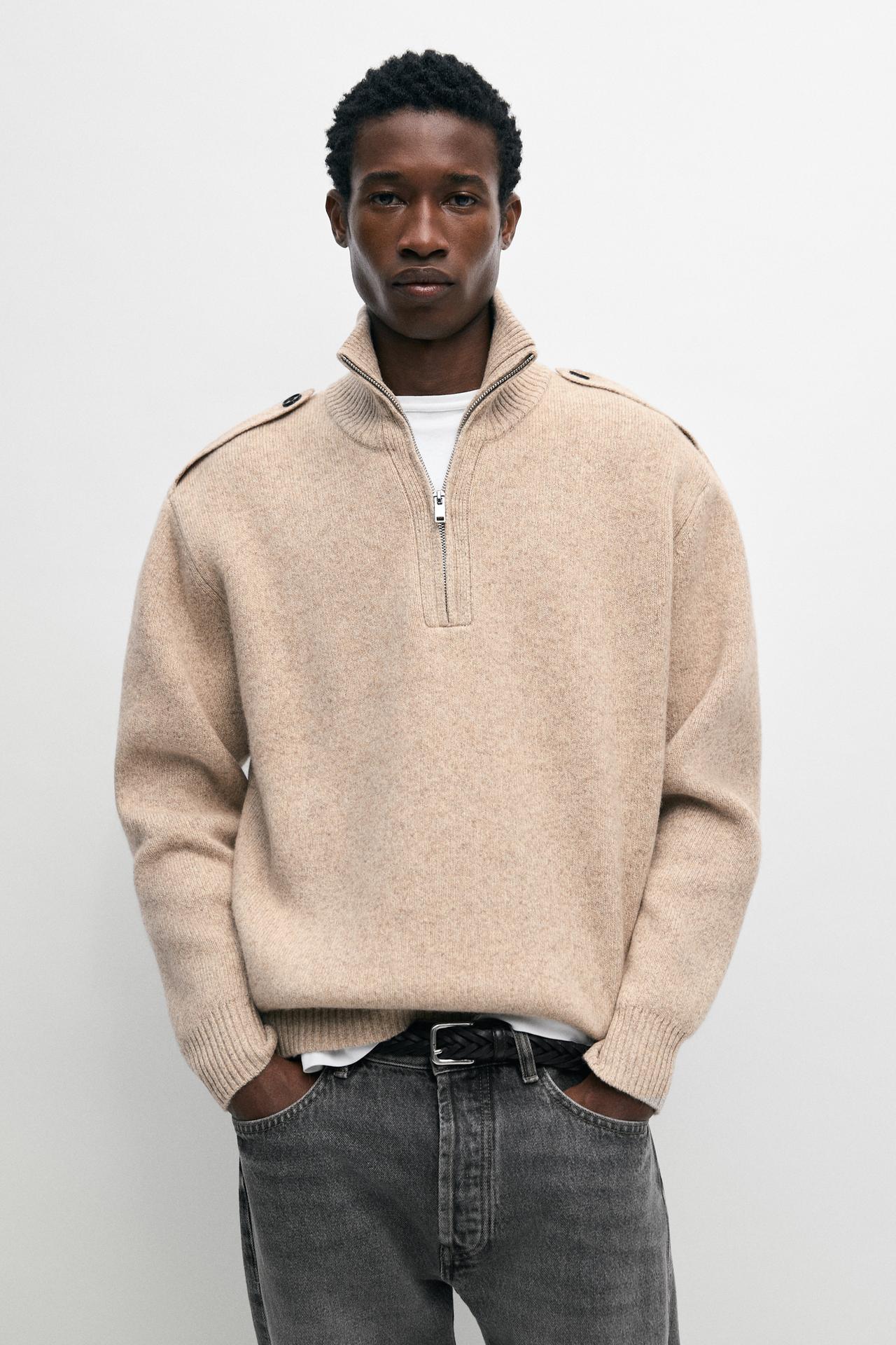 Mock neck knit sweater with zip — Light beige