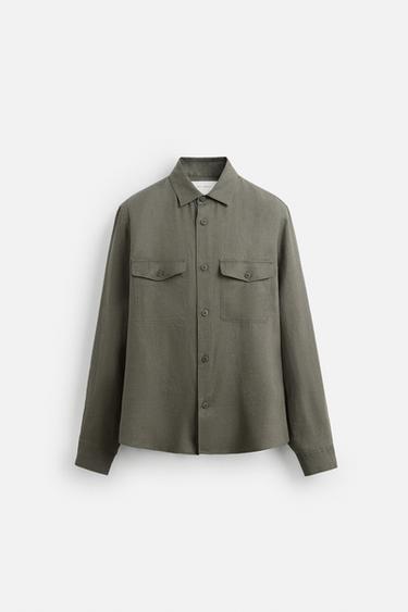 Zara 100% LINEN OVERSHIRT - Dark khaki
