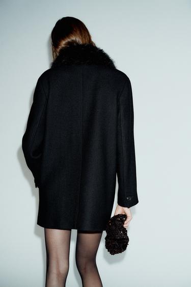 CROPPED WOOL COAT WITH FAUX FUR LAPEL - Black by Zara - Image 5