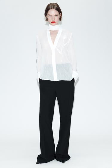 Zara FLORAL SEMI-SHEER BLOUSE - White