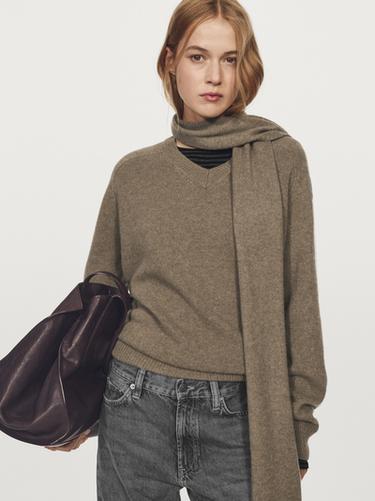 Pull écharpe en maille 100 % laine avec poche - Vert de Zara