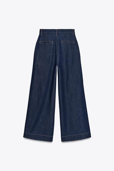 WIDE-LEG DENIM-EFFECT TROUSERS - Dark indigo by Zara - Image 4