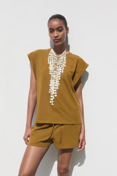 Zara RUSTIC DROP SHOULDER T-SHIRT - Oil