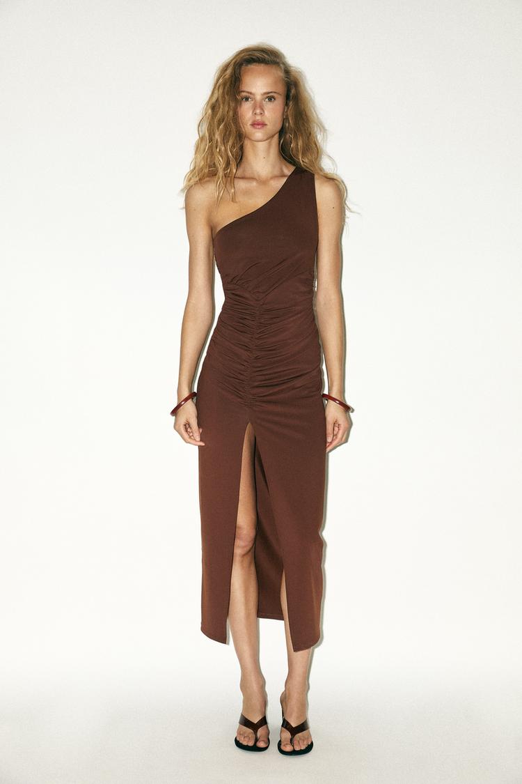zara brown one shoulder dress Chocolate brown Zara dress, slit, one shoulder