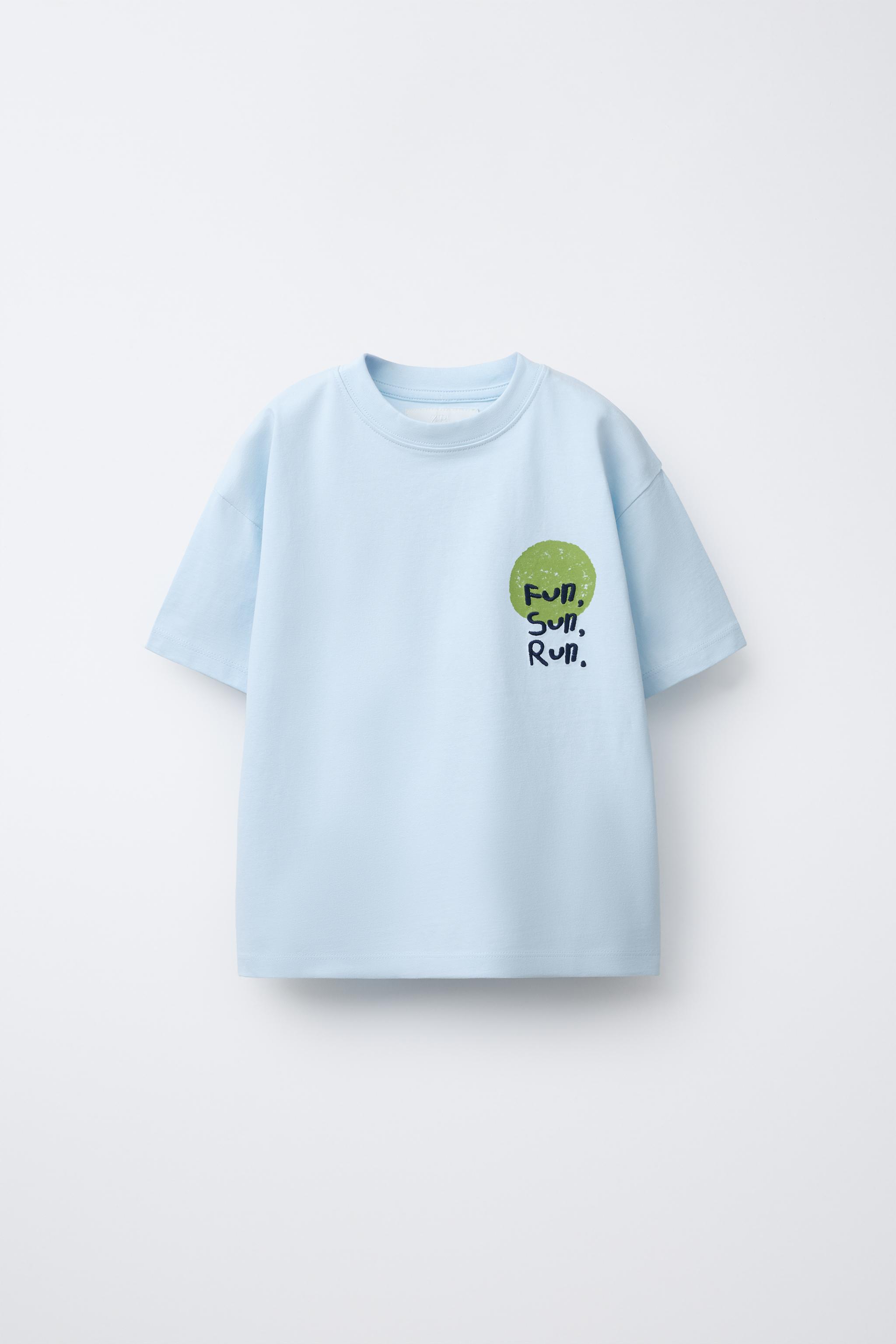 プリント＆刺繍Tシャツ - 空色 | ZARA Japan / 日本