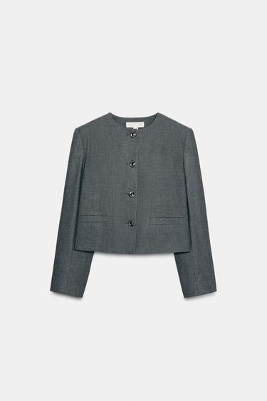 ショート丈クルーネックブレザーグレーZaraのショート丈クルーネックブレザー - グレー