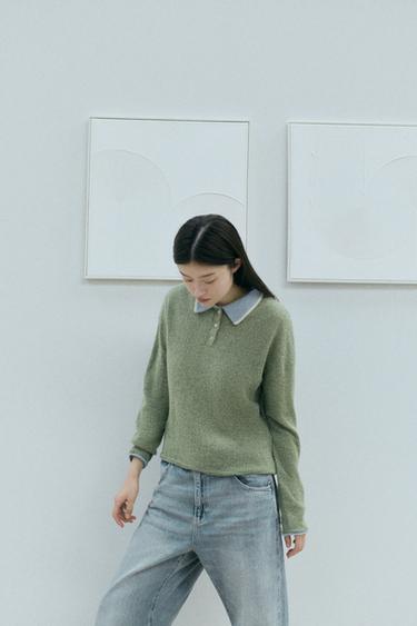 콤비 니트 폴로 스웨터 - Zara 초록