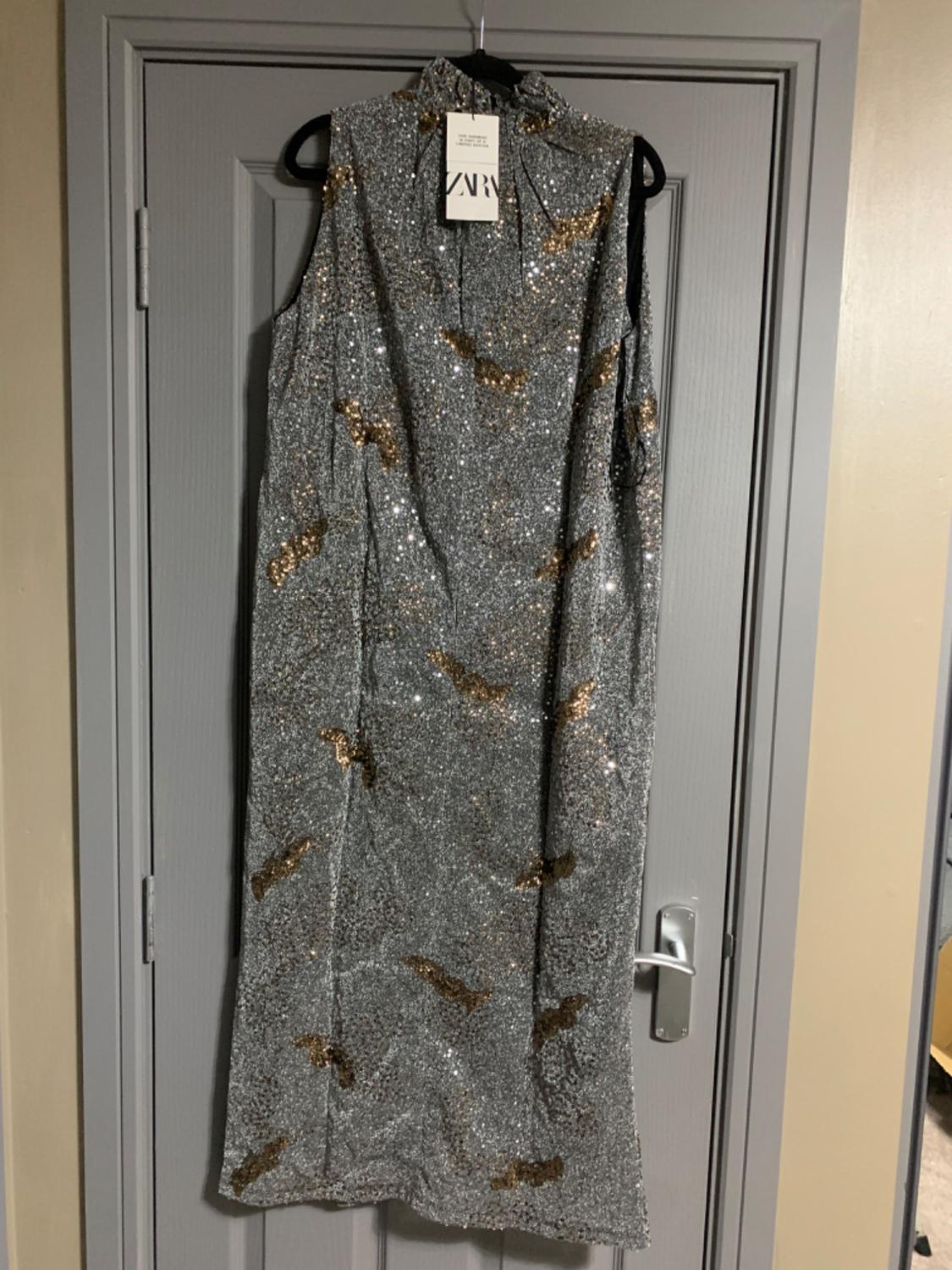 Silver long dress with gold sequins hanging on a grey door. Visible label with text "ZARA".