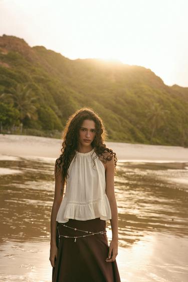 Zara EMBROIDERED GAUZE TOP - Light beige