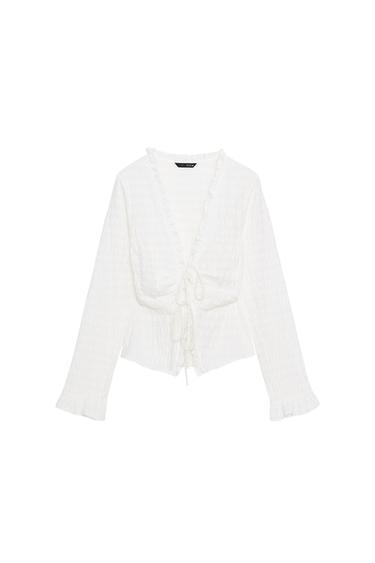 Zara 皺褶繡飾蝴蝶結上衣 - 裸色