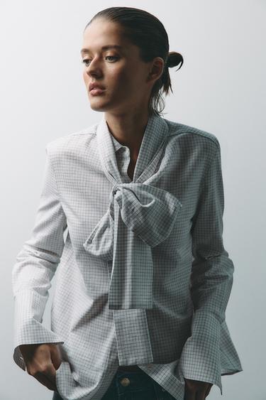 ZW COLLECTION CHECK PRINT BLOUSE WITH BOW - Oyster-white by Zara