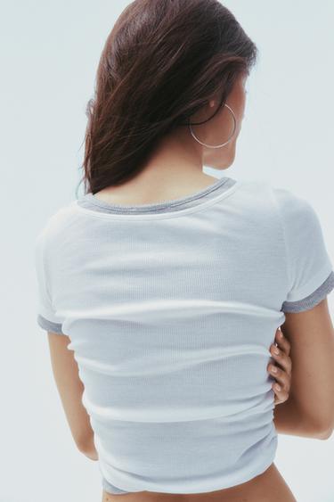 T-SHIRT DOUBLE CÔTELÉ À PLIS - Blanc de Zara - Image 3
