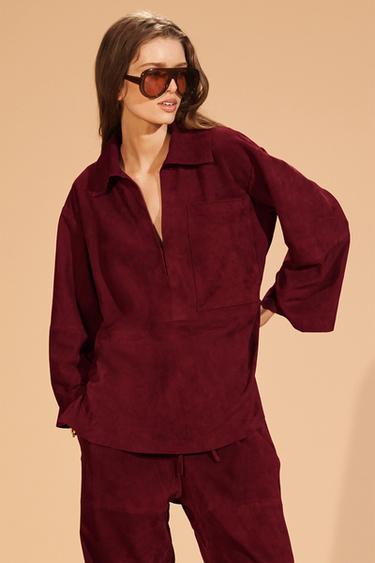 Zara LIMITED EDITION SUEDE LEATHER POCKET SHIRT - Burgundy