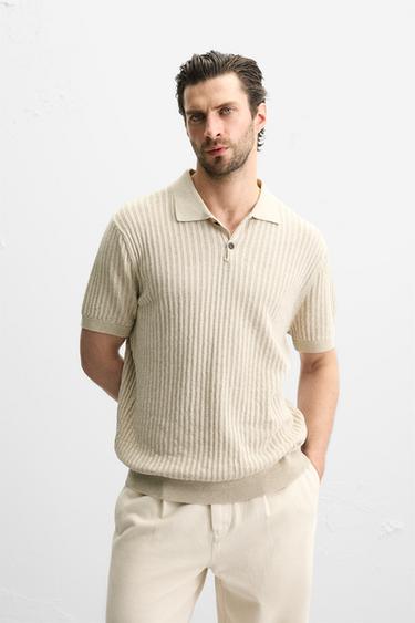 Zara RIB KNIT POLO SHIRT - Light beige