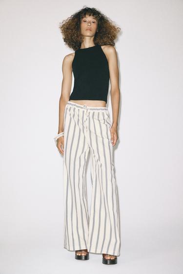 Zara ZW COLLECTION STRIPED PALAZZO PANTS - Ecru