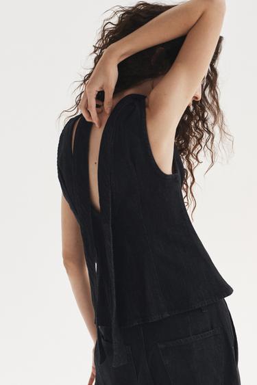 TRF DENIM HALTER TOP WITH TIE DETAIL - Dark indigo by Zara - Image 4