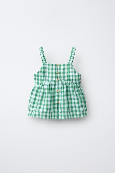 TOP BORDADOS CUADRO VICHY - Blanco / Verde de Zara