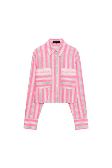 ВКОРОЧЕНА СМУГАСТА СОРОЧКА З МЕРЕЖИВОМ - Рожеві Zara