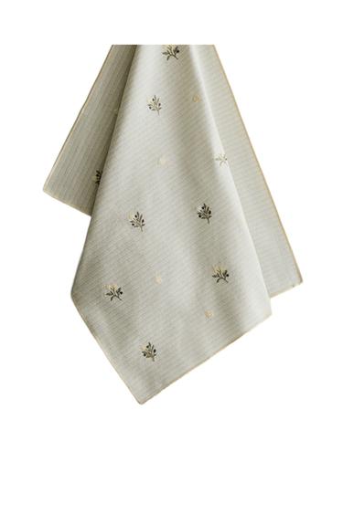 EMBROIDERED COTTON TEA TOWEL - GREENISH by Zara