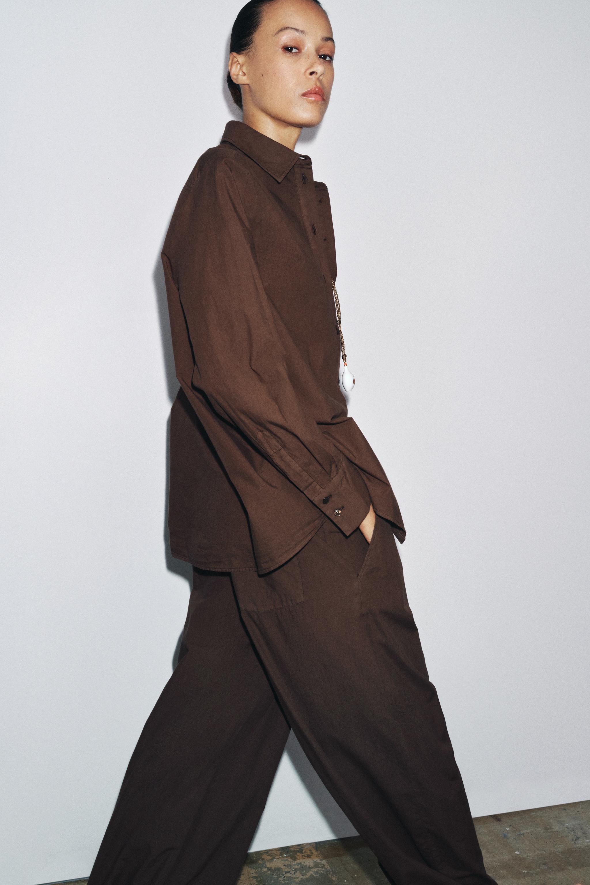 ZW COLLECTION POPLIN SHIRT WITH POCKET - Brown | ZARA United