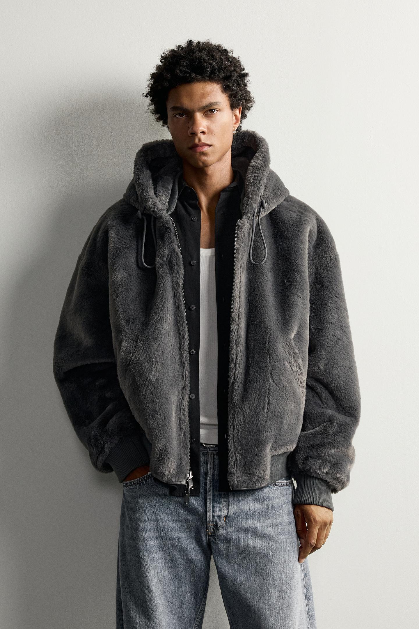 Мужская куртка Zara Reversible Faux Fur Bomber, цвет: Тёмный серый меланжевый — фото 5