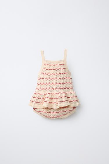 BODY EN MAILLE AJOURÉE RAYURES ET VOLANT - Écru / Rouge de Zara - Image 1