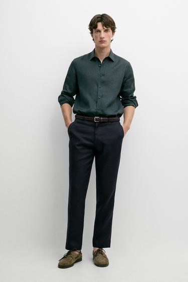 Zara Tapered fit linen pants - Navy blue - Image 0