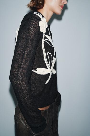 GILET EN MAILLE BRODERIE FLEUR - Noir de Zara - Image 4