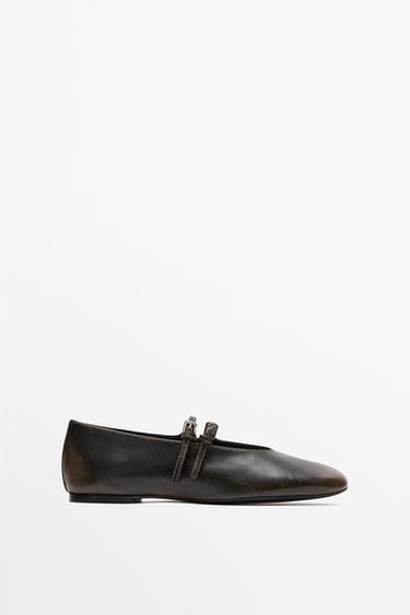 Zara Double-strap leather ballet flat - Brown - Image 0
