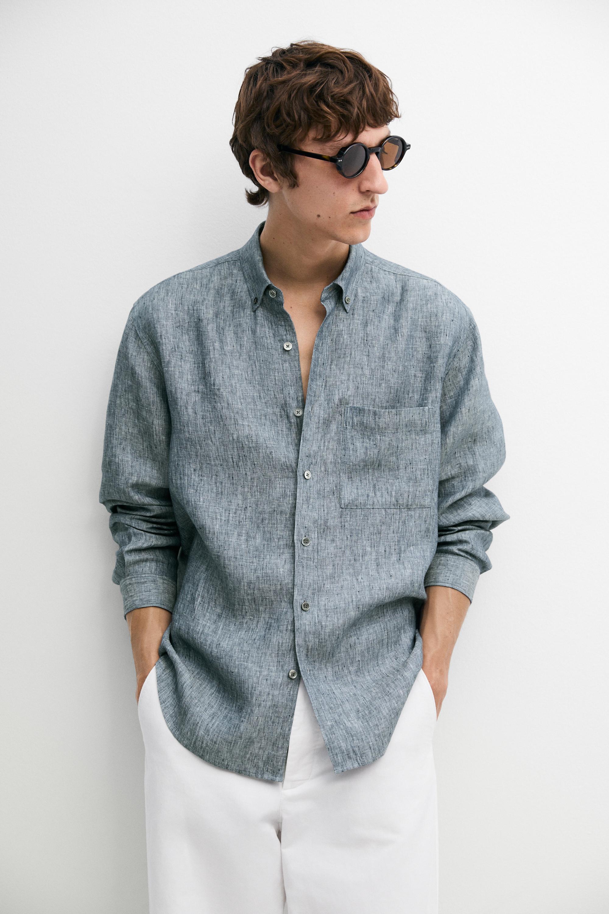 Regular fit melange twill 100% linen shirt