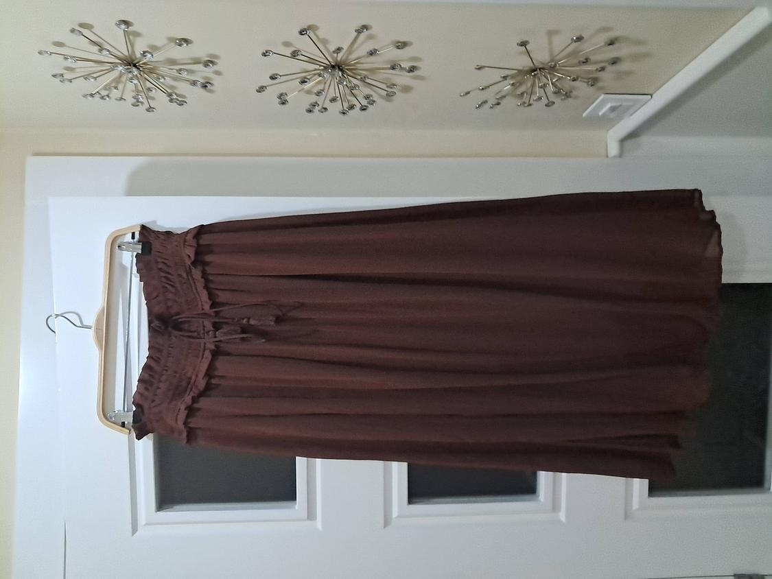 Brown skirt hanging on a hanger over a white door, with metallic decorations on the wall above.