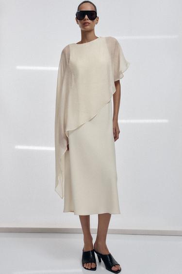Zara ASYMMETRIC CAPE MIDI DRESS ZW COLLECTION - Ecru