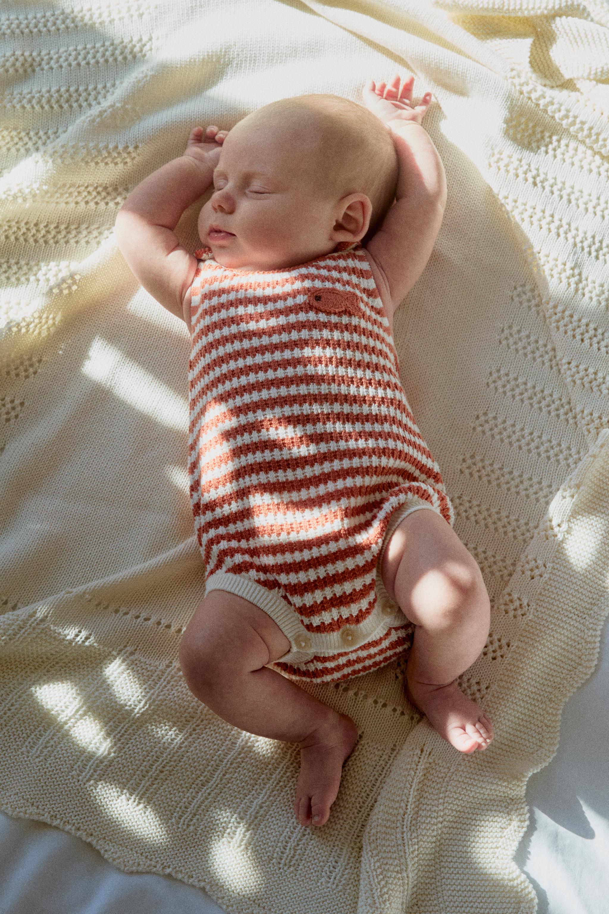 EMBROIDERED FISH STRIPED KNIT ROMPER