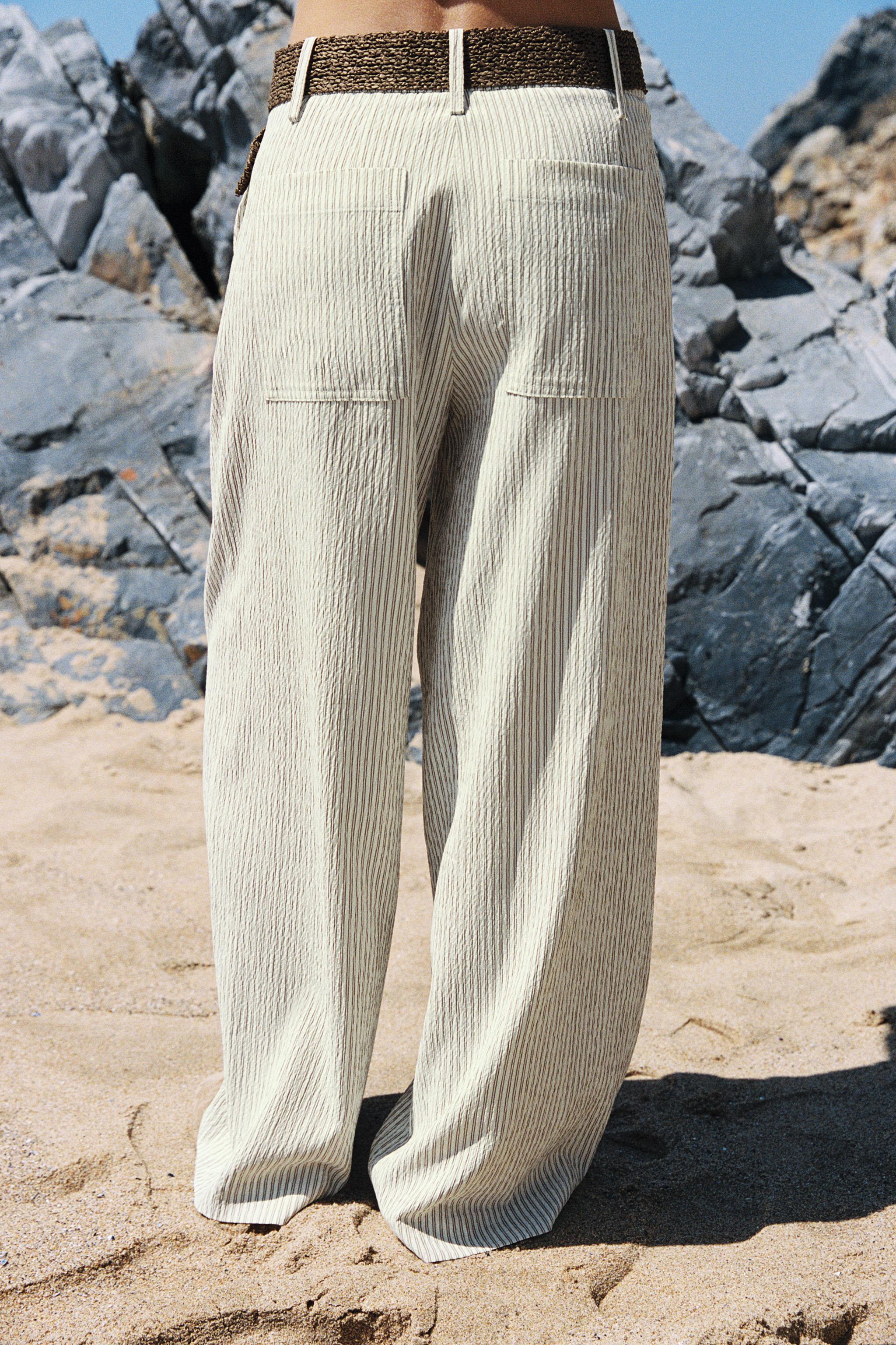 Zara Kemerli Çizgili Geniş Paça Pantolon görsel 4