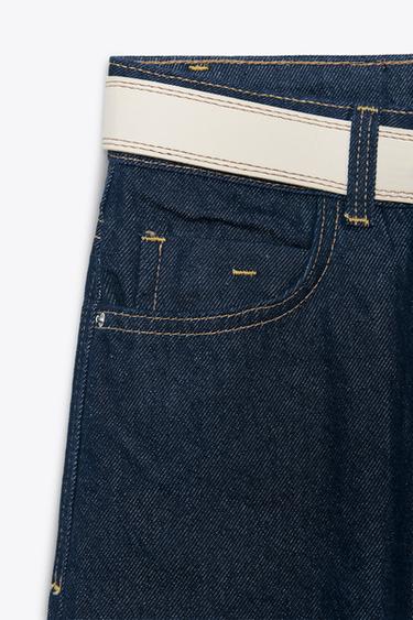 Zara Z1975 PRESSED CREASE BELTED JEANS - Blue