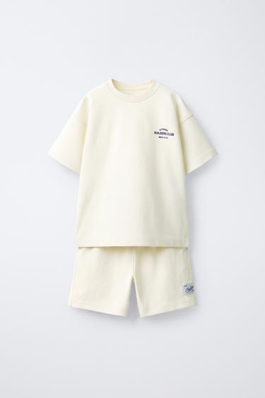 Zara Interlock 文字 T 恤和百慕達短褲套裝 - 裸色