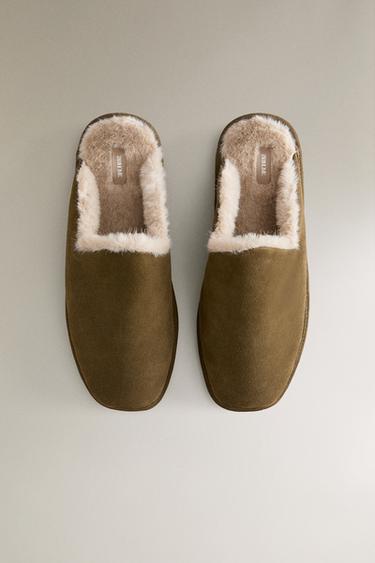 COSY LEATHER SLIPPERS - Khaki Green by Zara - Image 2