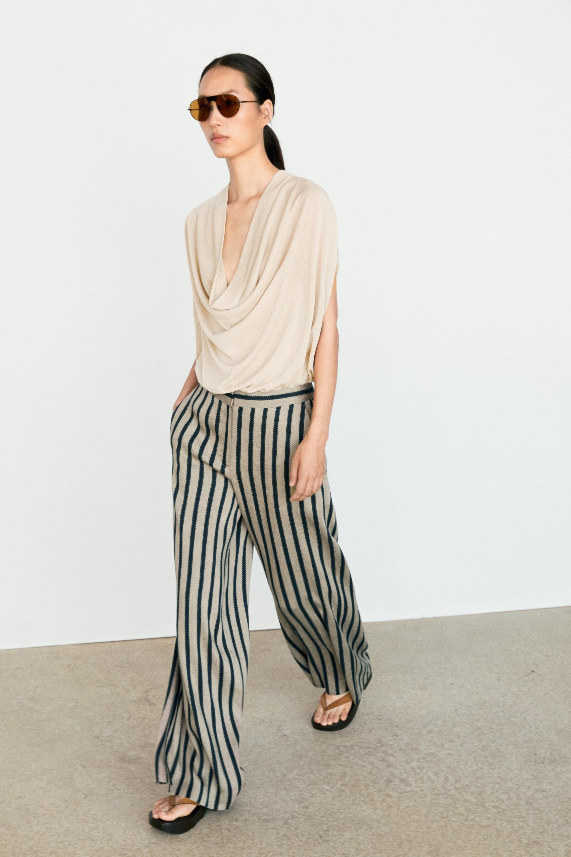 Striped linen blend wide-leg trousers — Sand