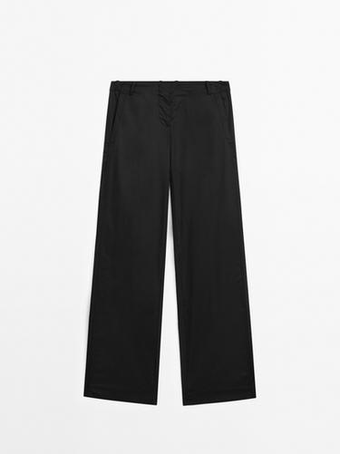 Zara 100% cotton mid-rise straight-leg trousers - Black - Image 0