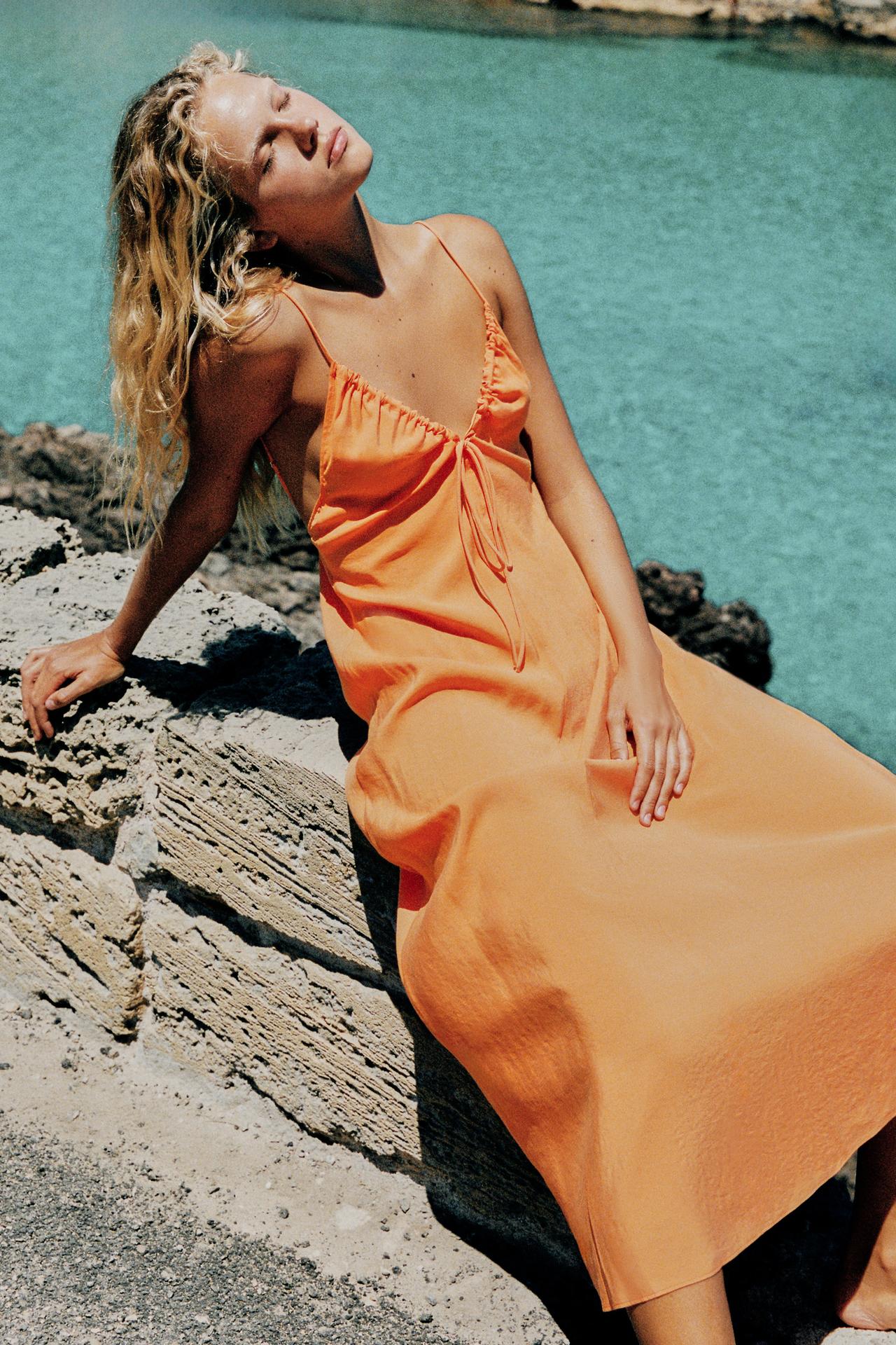 FLOWY TIED MIDI DRESS — Orange