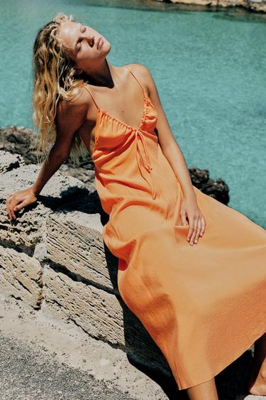 Zara FLOWY TIED MIDI DRESS - Orange
