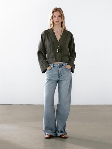 Zara Flowing linen kimono with pockets - Dark green