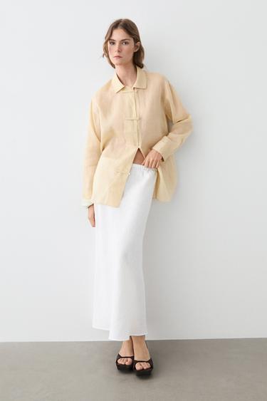 Falda midi goma cintura 100% lino - Blanco de Zara